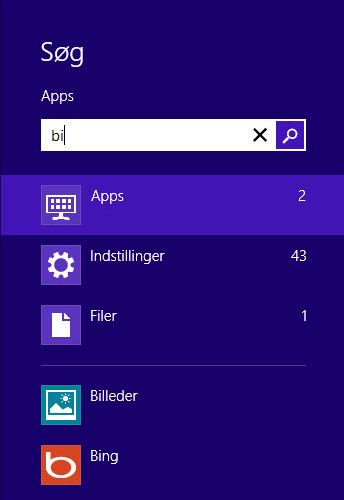 Søgeresultater for apps, indstillinger og filer