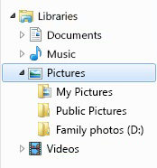 The navigation pane in File Explorer, showing the Pictures library with an extra folder added to it