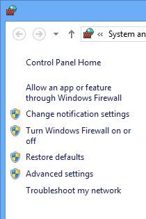 Left pane of Windows Firewall