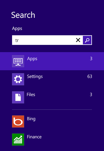 Search results for applications, settings and files