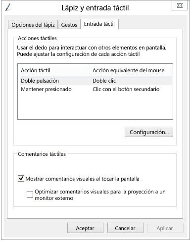 Configuración de lápiz y entrada táctil