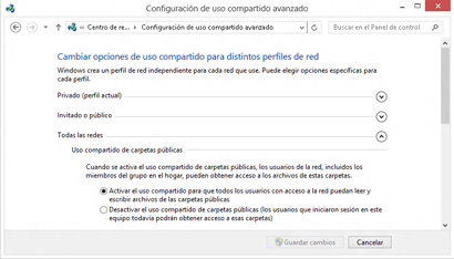 Opciones de uso compartido para todas las redes