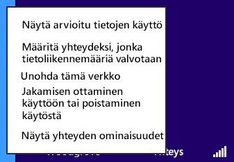 Valikko, josta jakamisen voi ottaa käyttöön tai poistaa käytöstä