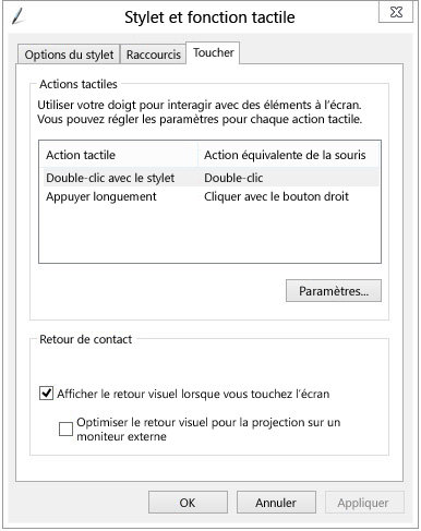Paramètres Stylet et fonction tactile