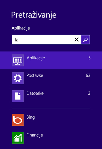 Rezultati pretraživanja aplikacija, postavki i datoteka