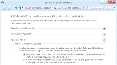Megosztási beállítások minden hálózathoz