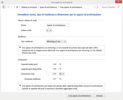 Scelta delle impostazioni per un nuovo spazio di archiviazione