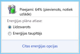 Akumulatora mērītājs, kas rāda enerģijas plānus