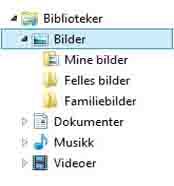 Navigasjonsruten i Filutforsker viser bildebiblioteket med en ekstra mappe som er lagt til
