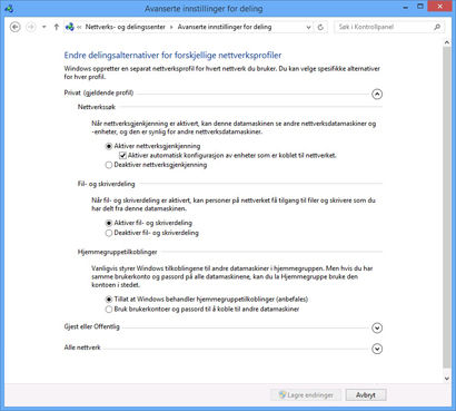 Delingsalternativer for gjeldende profil