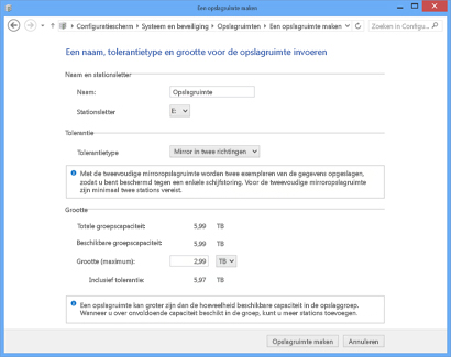 De instellingen voor een nieuwe opslagruimte kiezen