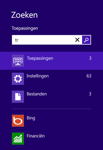 Zoekresultaten voor apps, instellingen en bestanden
