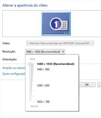 Opções de resolução em Resolução da Tela