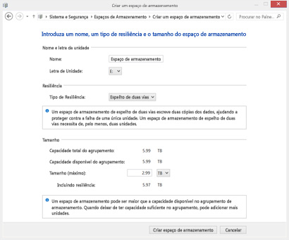 Escolher as definições para um novo espaço de armazenamento