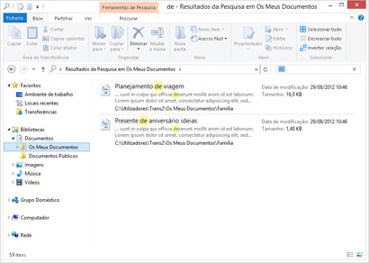 Resultados da pesquisa no Explorador de Ficheiros