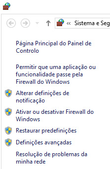 Painel da esquerda da Firewall do Windows
