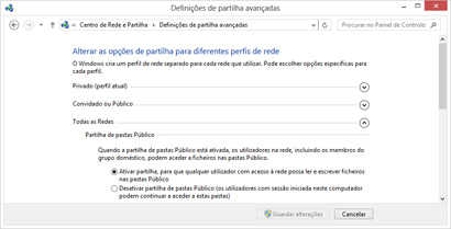 Opções de partilha para todas as redes