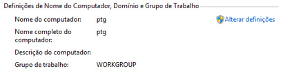 Definições de nome do computador, domínio e grupo de trabalho.