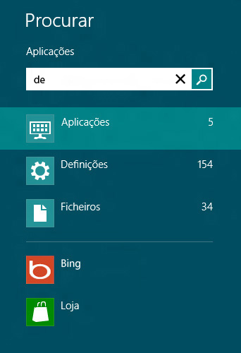 Resultados da pesquisa de aplicações, definições e ficheiros