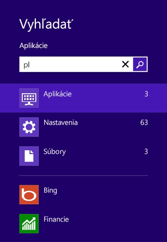 Výsledky vyhľadávania aplikácií, nastavení a súborov