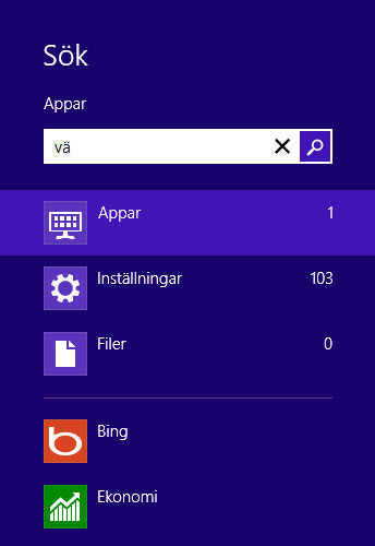 Sökresultat för appar, inställningar och filer